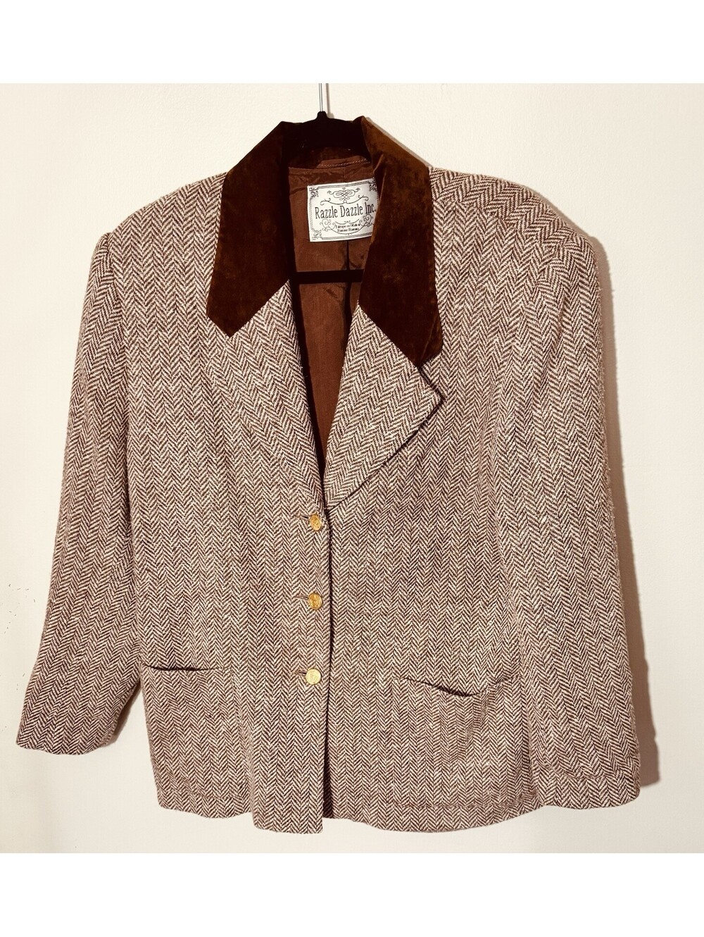 Vtg Razzle Dazzle Inc. Women's Herringbone Wool Blazer w/ Velvet Collar,Sz 11/12